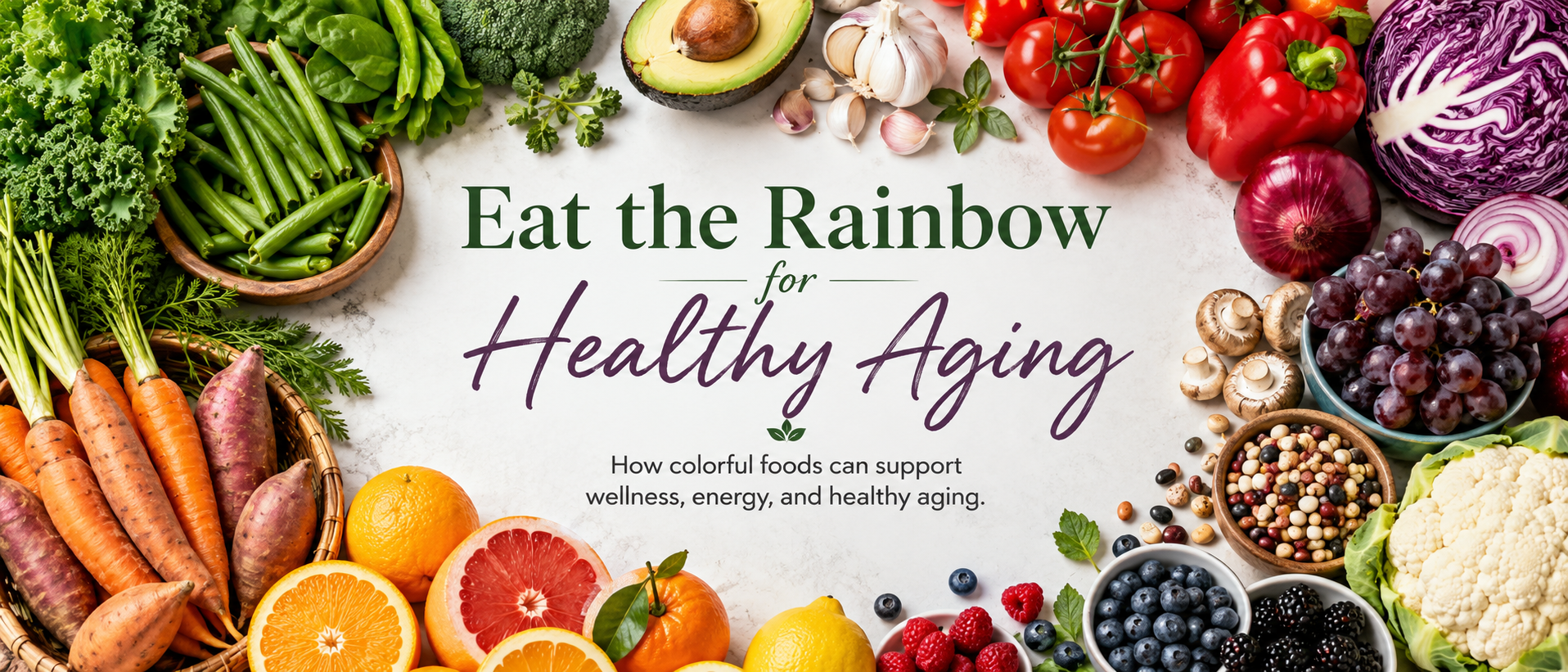 Colorful vegetables, fruits, beans, and mushrooms surrounding the words Eat the Rainbow for Healthy Aging.