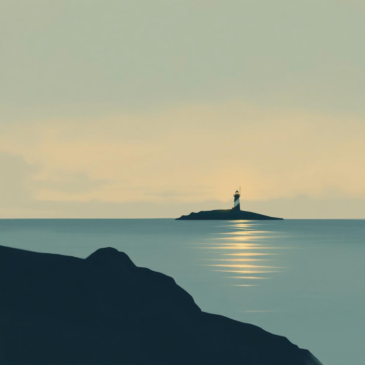 A distant lighthouse across calm water at dusk